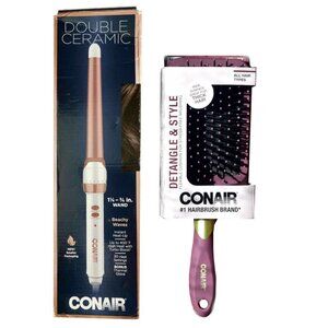 Conair Double Ceramic Curling Iron Wand + Velvet Touch Paddle Brush Set New